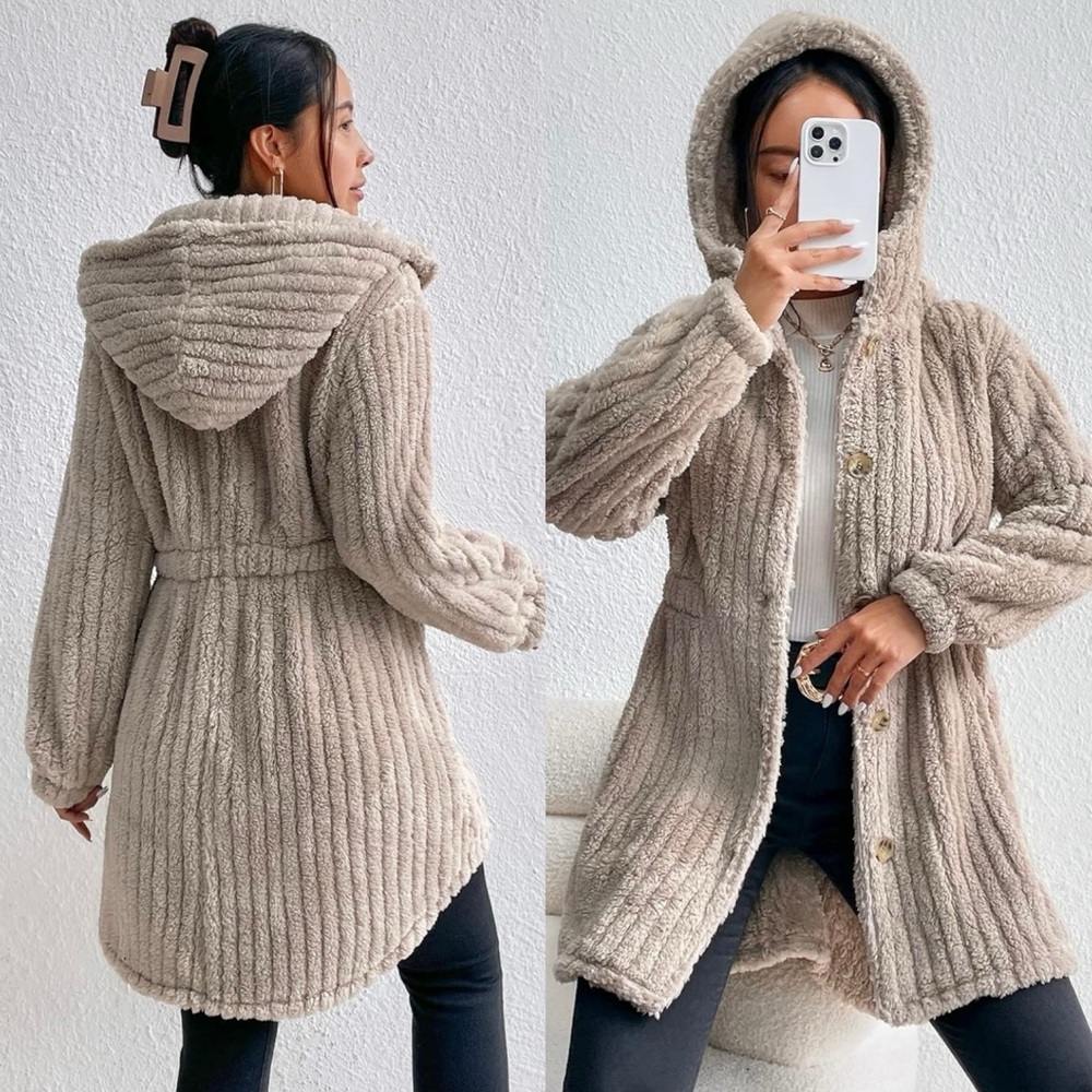 Cozy teddy Button Front Hooded Coat Jackets color Khaki - Picture 3 of 8